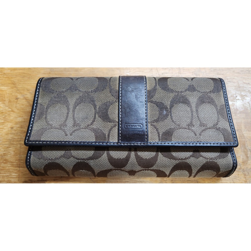 Coach Signature C Jacquard Trifold Long Wallet Brown Leather Trim Monogram